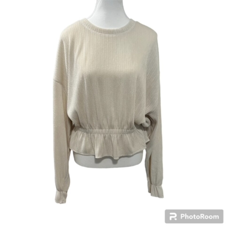 Zara Womens Cream Textured Peplum Round Neck Long Sleeve Top Size Medium